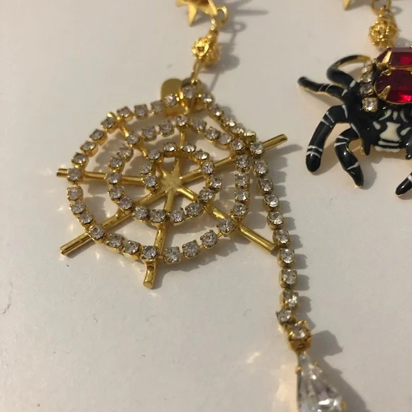 Lunch At The Ritz Gold And Black Crystal Spider Spiderweb Dangle Earrings - Picture 6 of 8